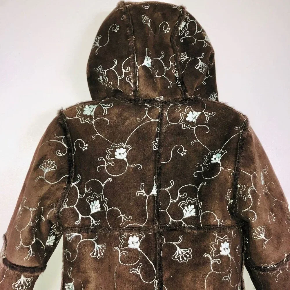 Vintage Y2K Rothschild Girls 4T Coat Brown Teal Embroidered Faux Fur Winter Long
